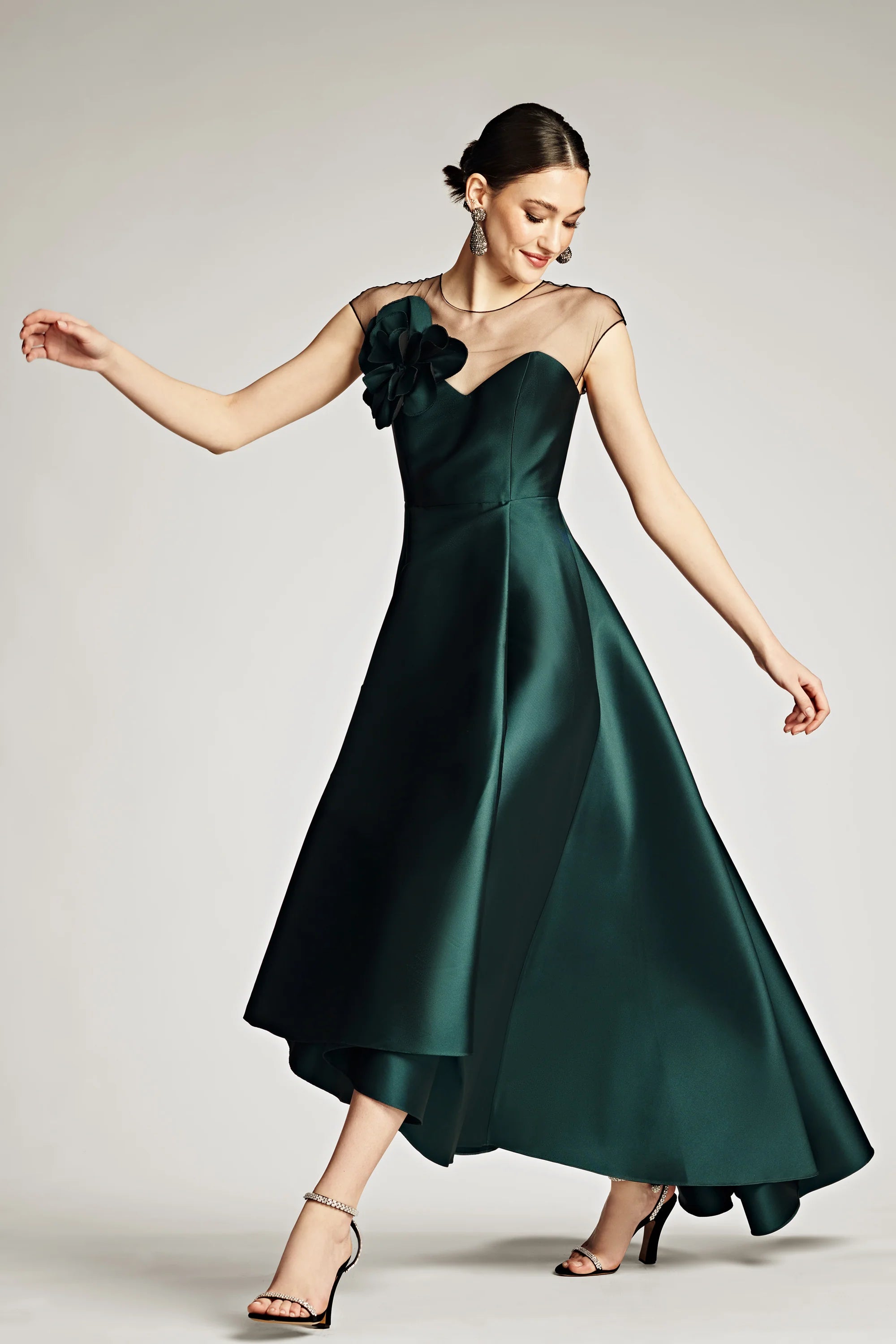 Luxury Satin Mother of the Bride Dresses with Illusion Neck, 3D Floral Detail and High-Low A-Line Hem