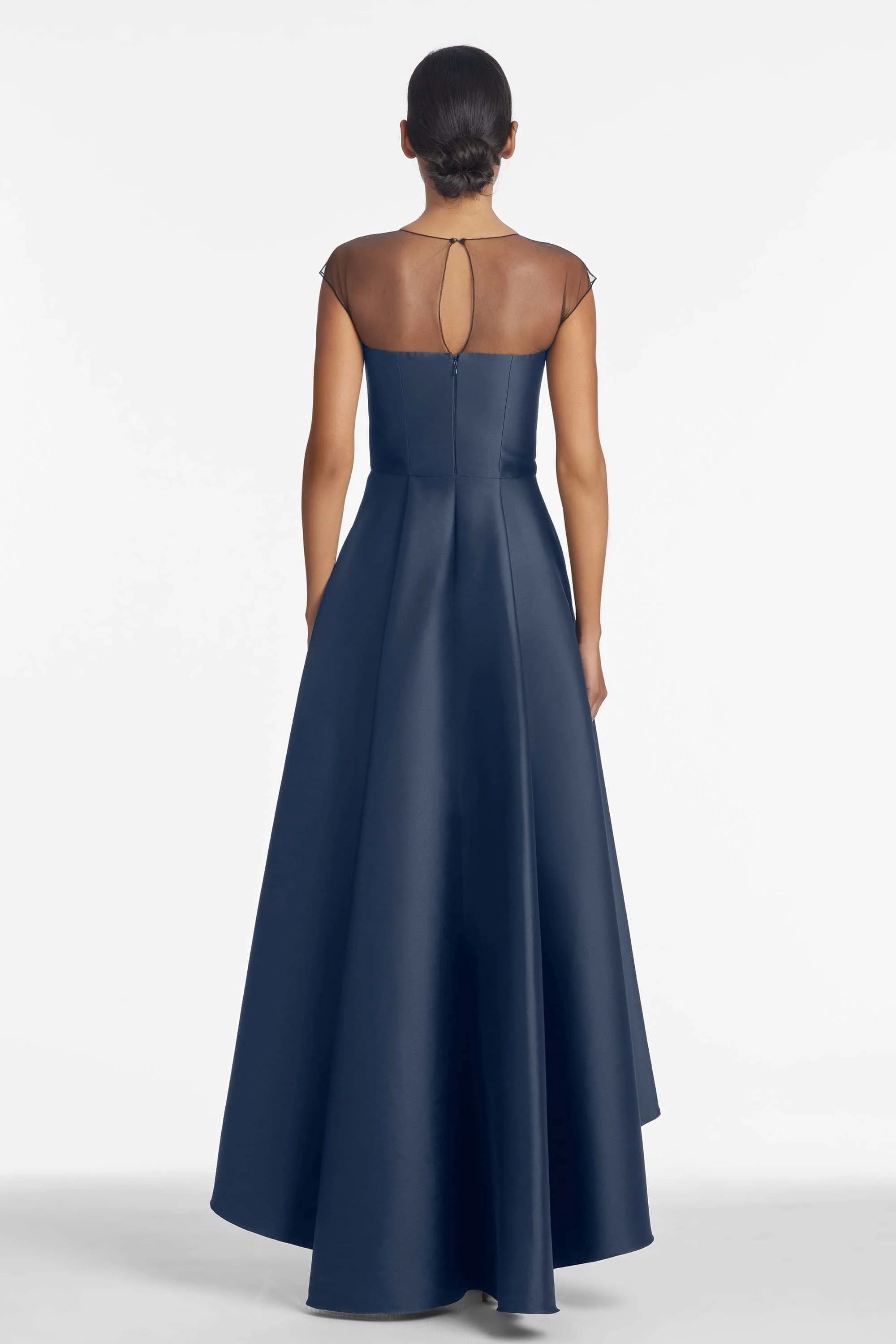 Luxury Satin Mother of the Bride Dresses with Illusion Neck, 3D Floral Detail and High-Low A-Line Hem