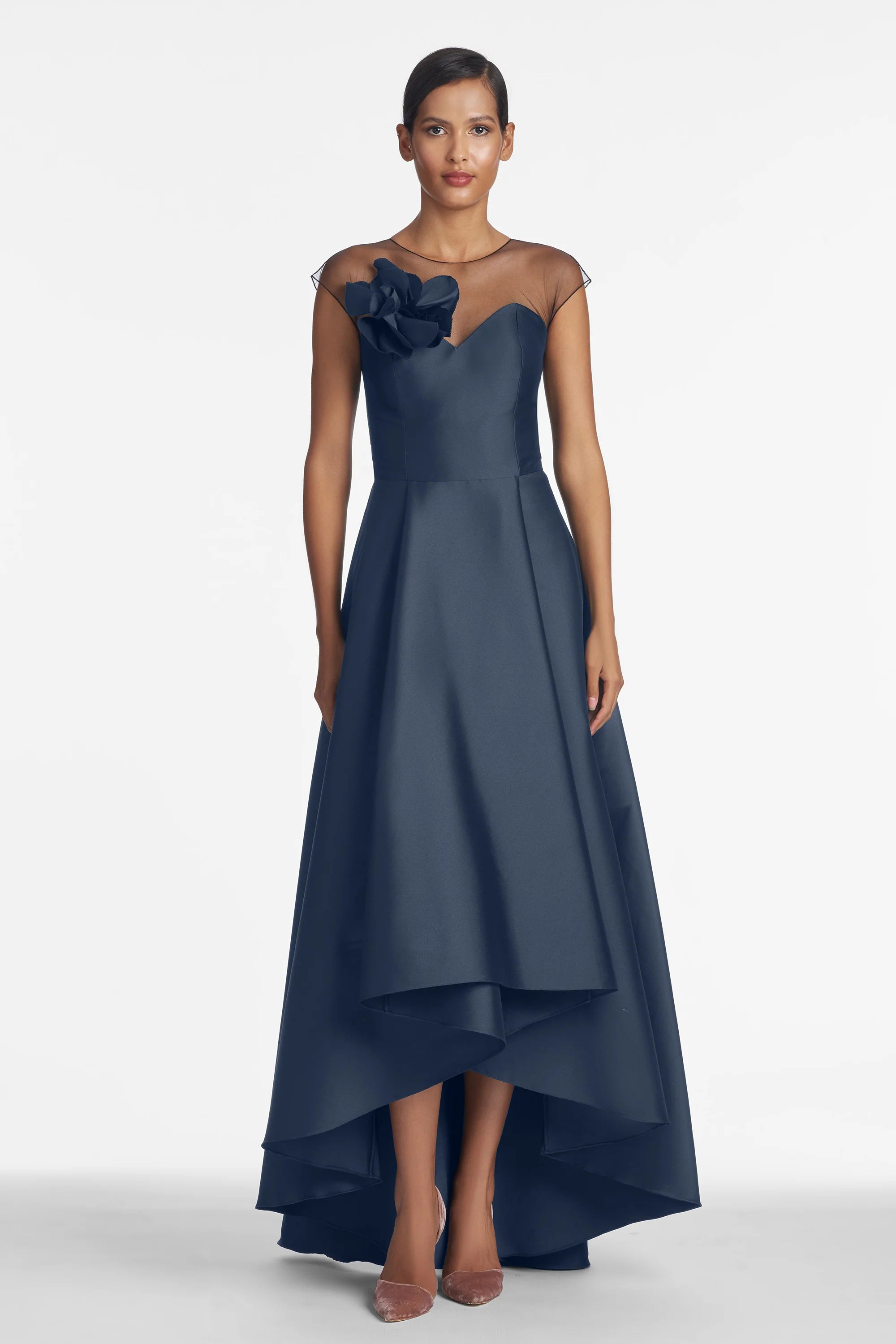 Luxury Satin Mother of the Bride Dresses with Illusion Neck, 3D Floral Detail and High-Low A-Line Hem