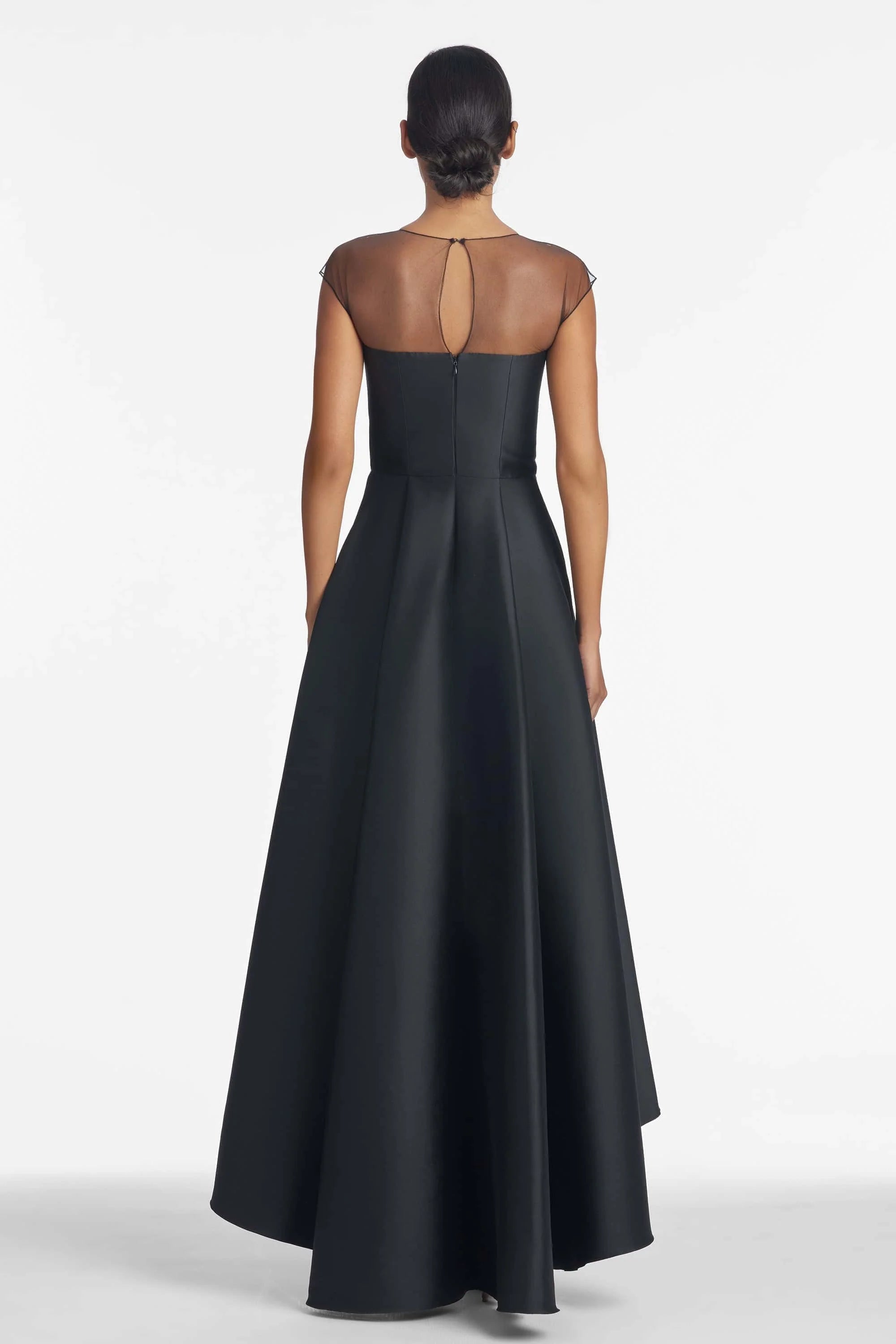 Luxury Satin Mother of the Bride Dresses with Illusion Neck, 3D Floral Detail and High-Low A-Line Hem