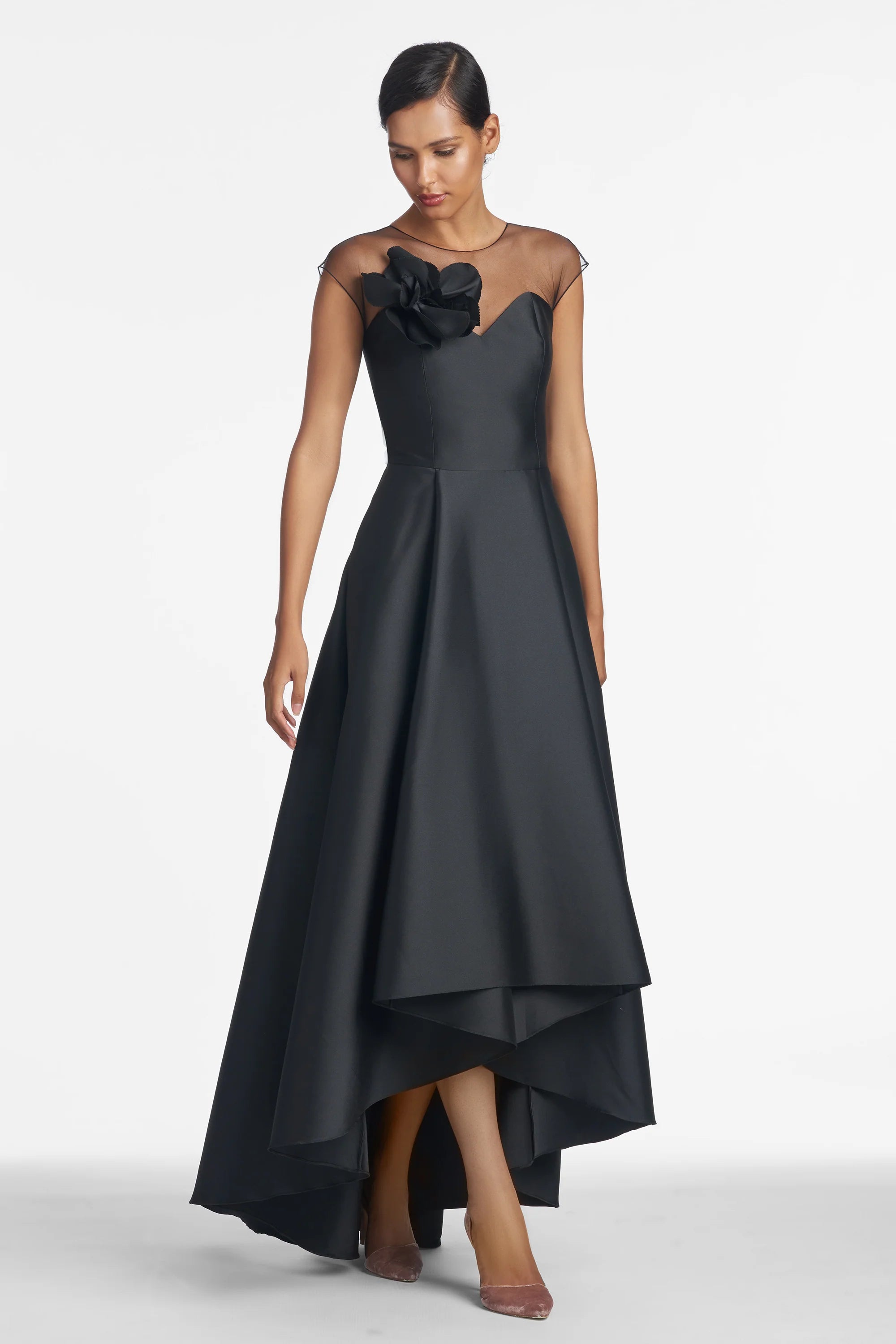 Luxury Satin Mother of the Bride Dresses with Illusion Neck, 3D Floral Detail and High-Low A-Line Hem