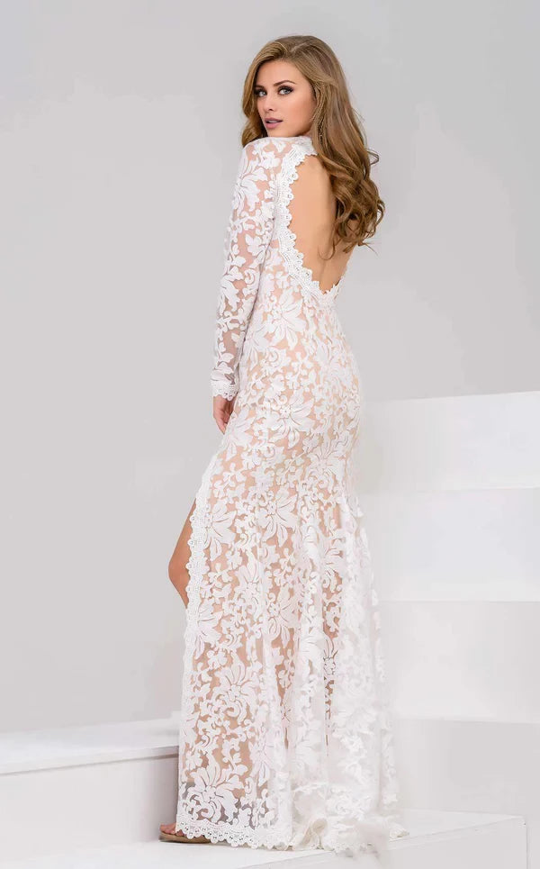 Luxury Sheath V Neck Long Sleeve Open Back Floor-Length Side Slit Evening Dress