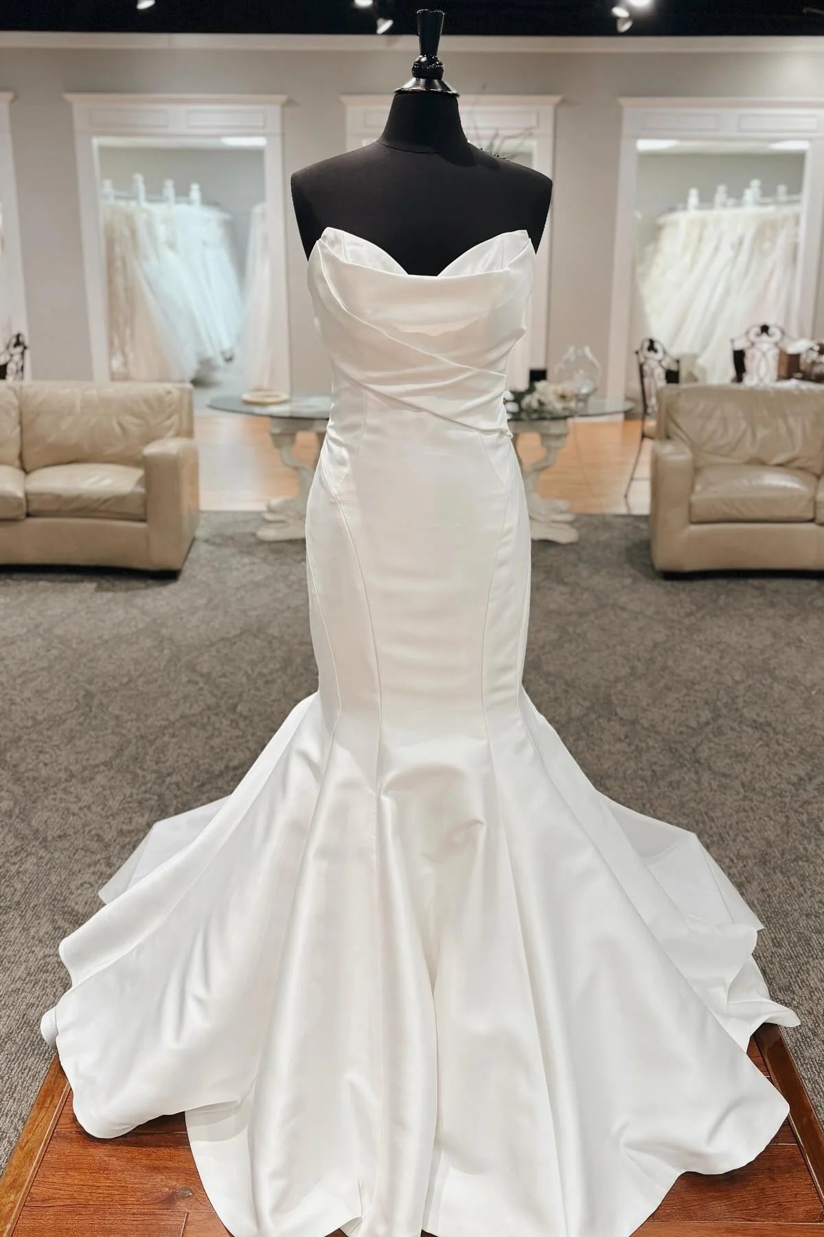 Luxury Wedding Dress with Draped Strapless Neckline and Cathedral Train