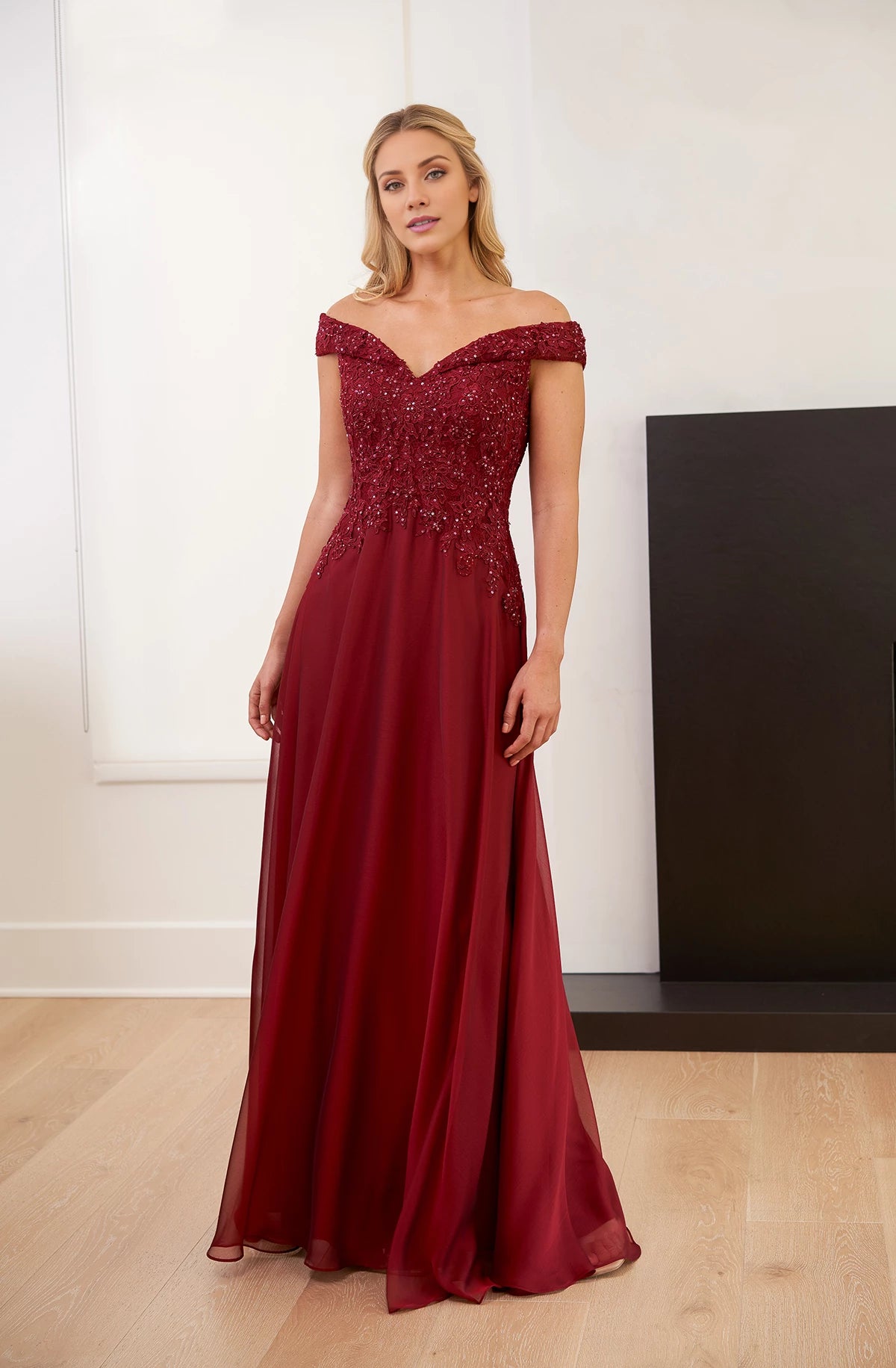 Magnificent Chiffon A-line Gown with Portrait Neckline and Beaded Lace Bodice Mother of the Bride Dresses