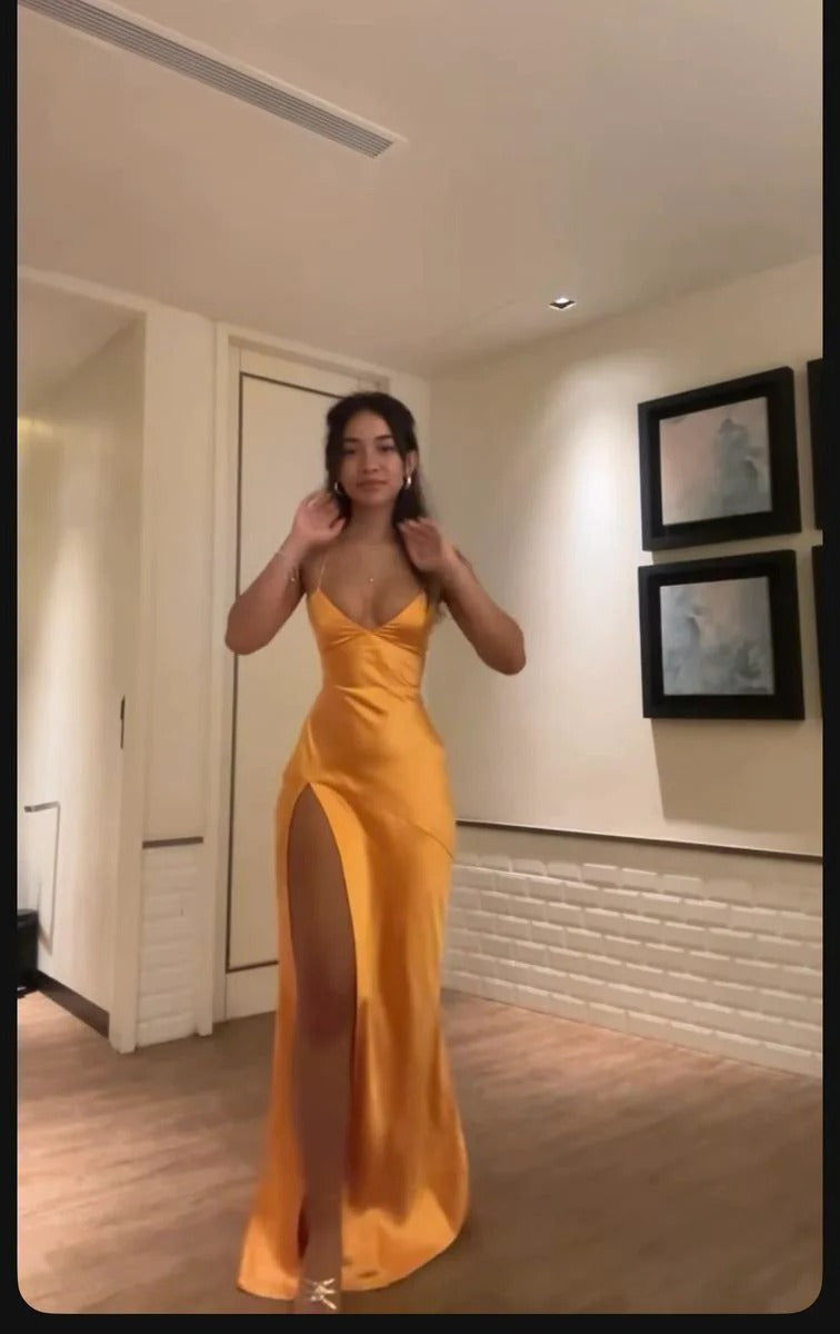 Mango Orange Satin Deep V High Slit Spaghetti Strap Maxi Dress