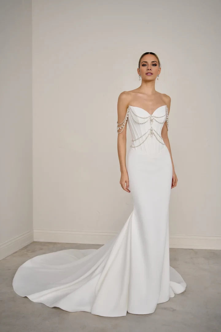 Matte Satin Fit Flare Gown with Draped Beading Corset Boning Wedding Dresses