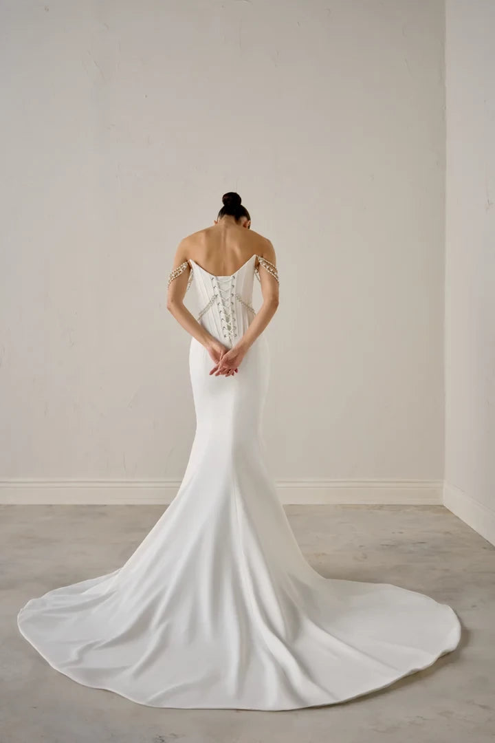 Matte Satin Fit Flare Gown with Draped Beading Corset Boning Wedding Dresses