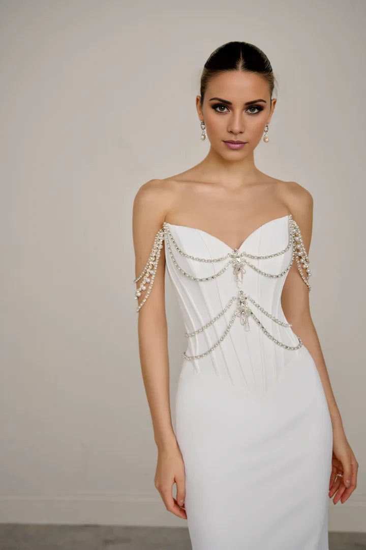 Matte Satin Fit Flare Gown with Draped Beading Corset Boning Wedding Dresses