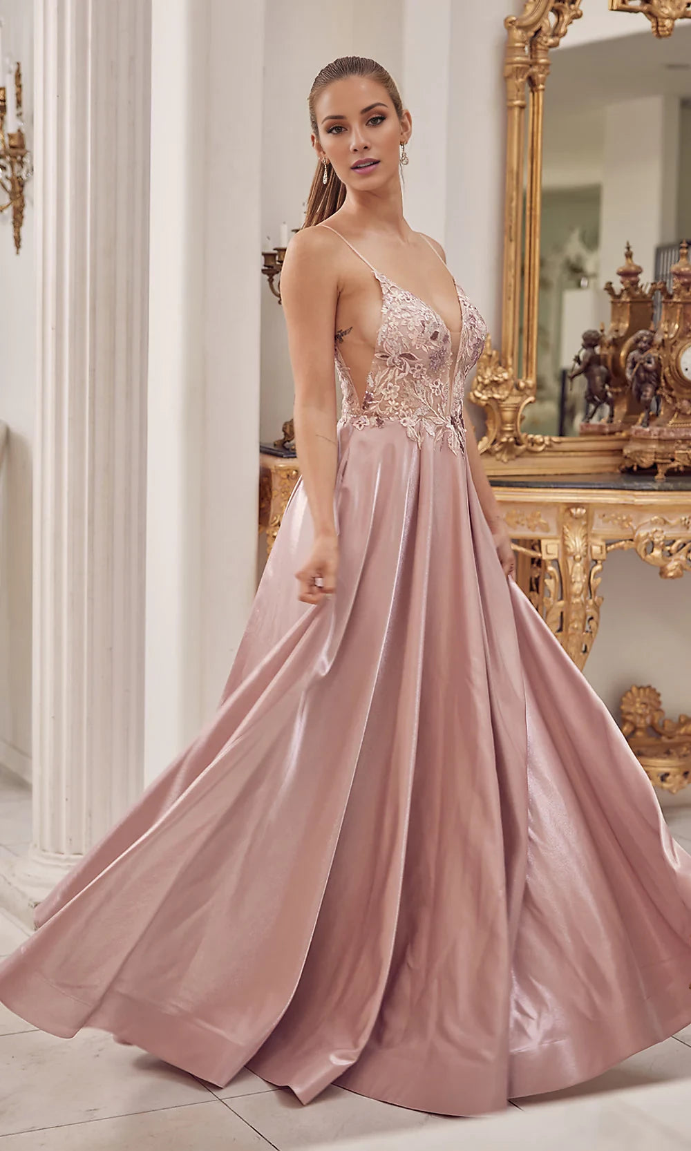 Mauve Pink Long Sheer-Bodice Formal Prom Dress Prom Dresses