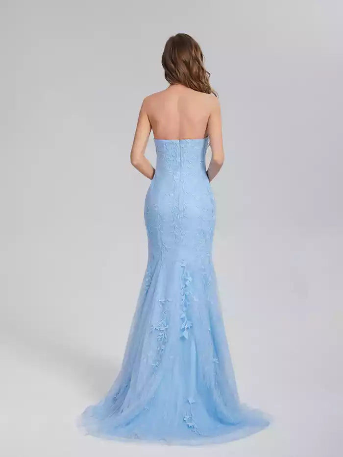 Mermaid  Backless Strapless Appliques Lace Applique Prom Dresses