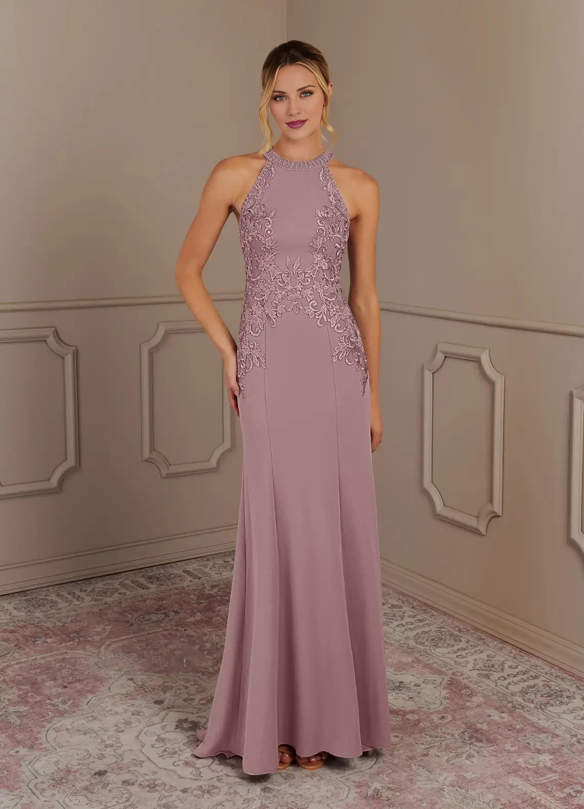 Mermaid Halter Lace Crepe Dress Mother of the Bride Dresses