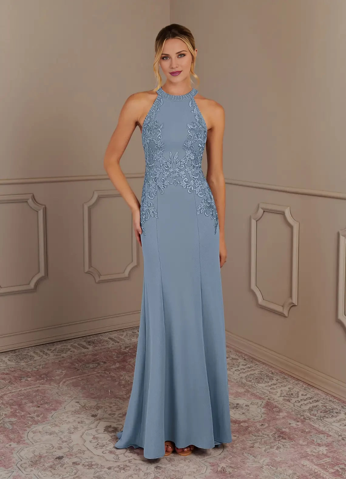 Mermaid Halter Lace Crepe Dress Mother of the Bride Dresses