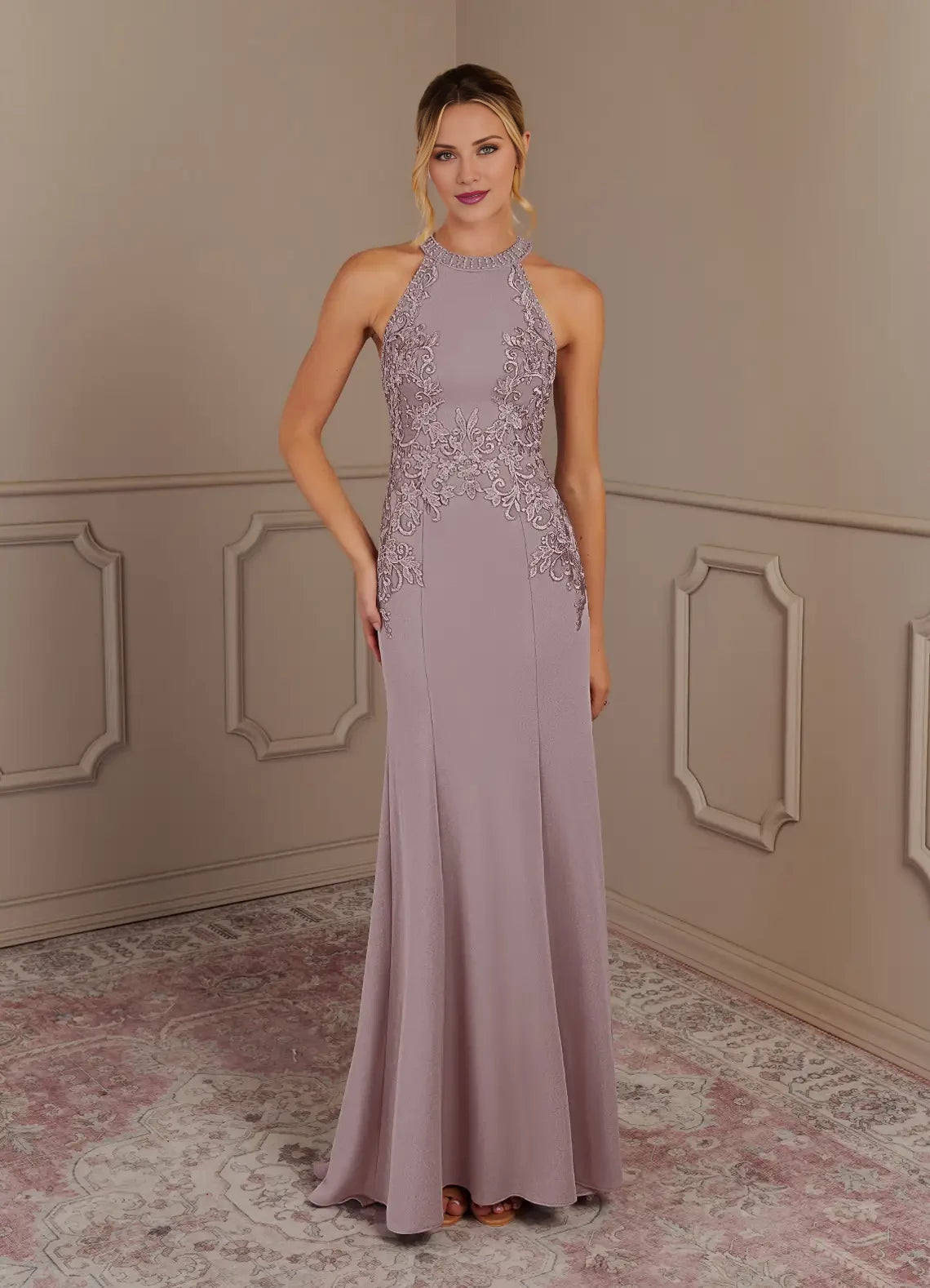 Mermaid Halter Lace Crepe Dress Mother of the Bride Dresses
