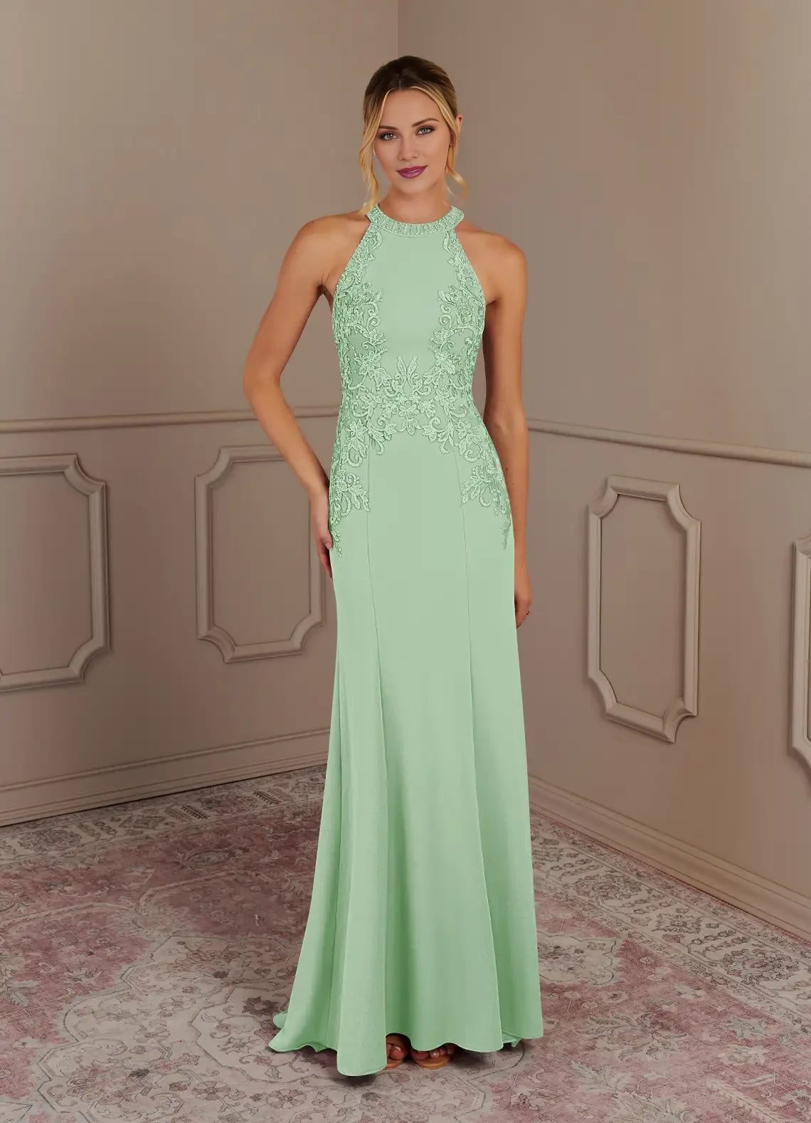 Mermaid Halter Lace Crepe Dress Mother of the Bride Dresses
