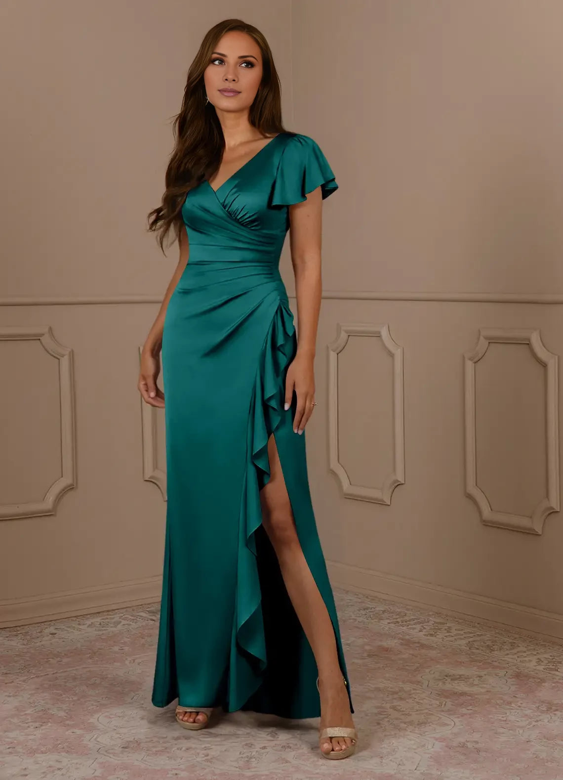 Mermaid V-Neck Pleated Satin Dress Mother of the Bride Dresses