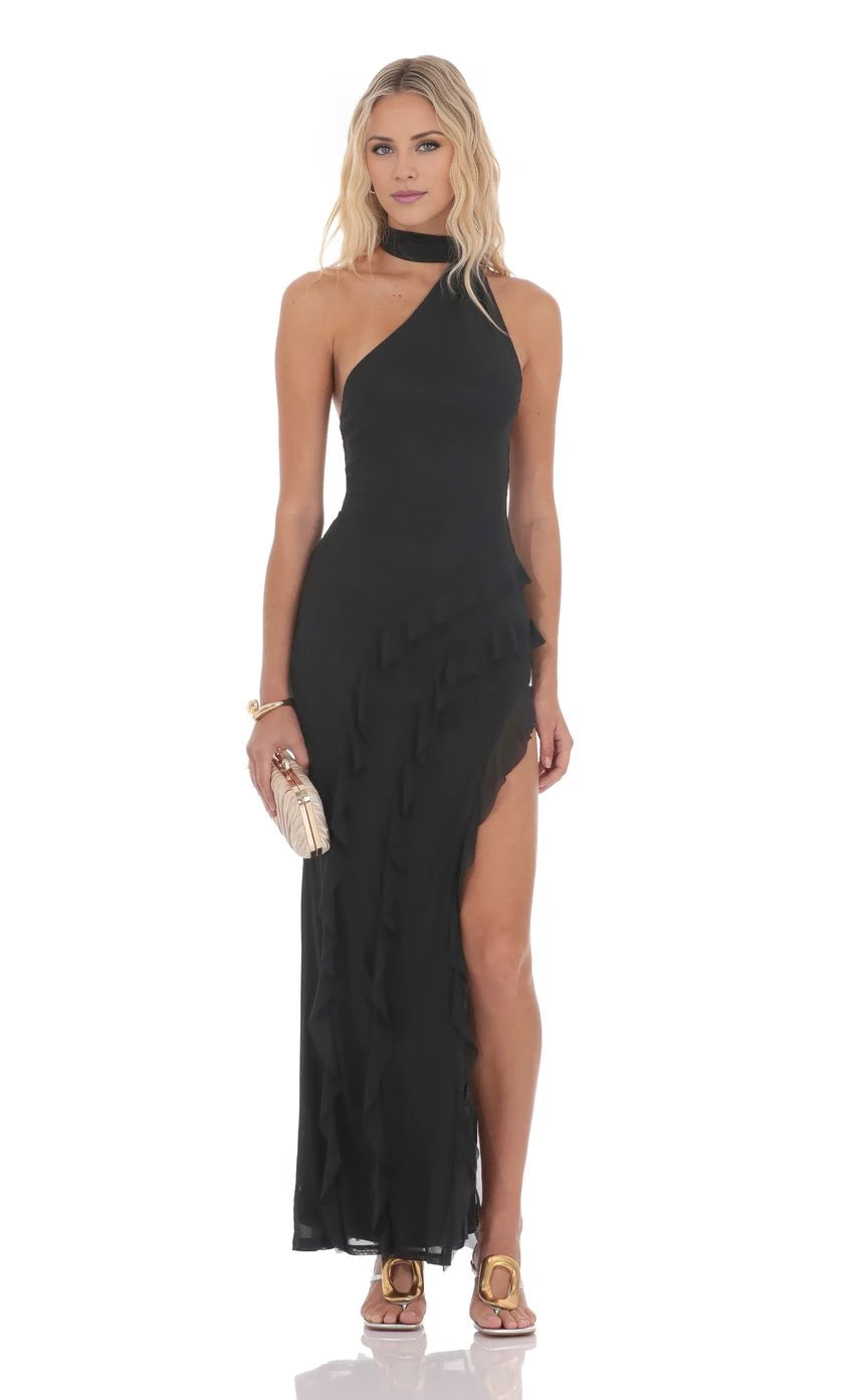 Mesh Halter Scarf Maxi Dress  Prom Dresses