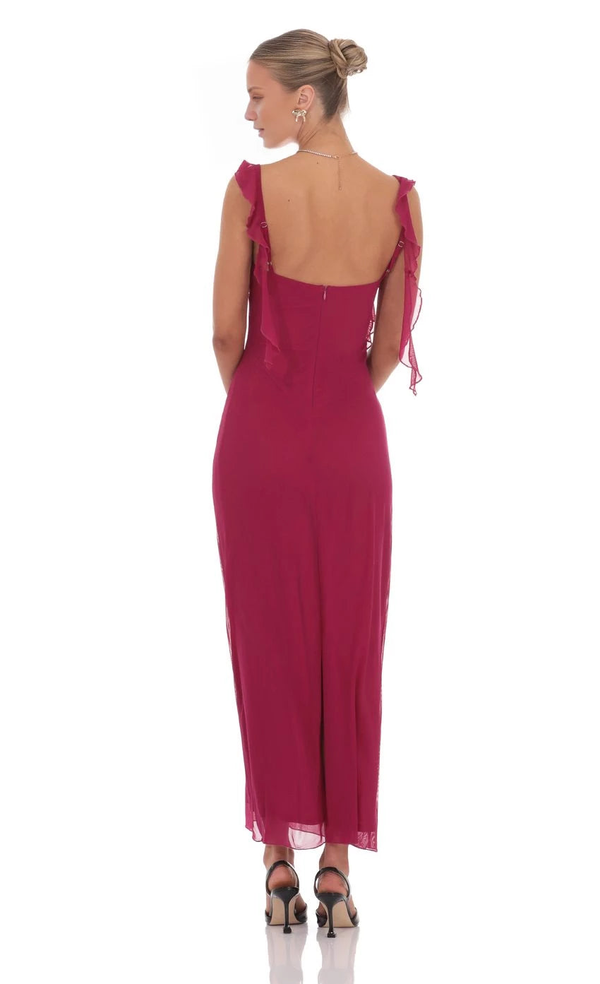 Mesh Tassel Strap Maxi Dress Prom Dresses