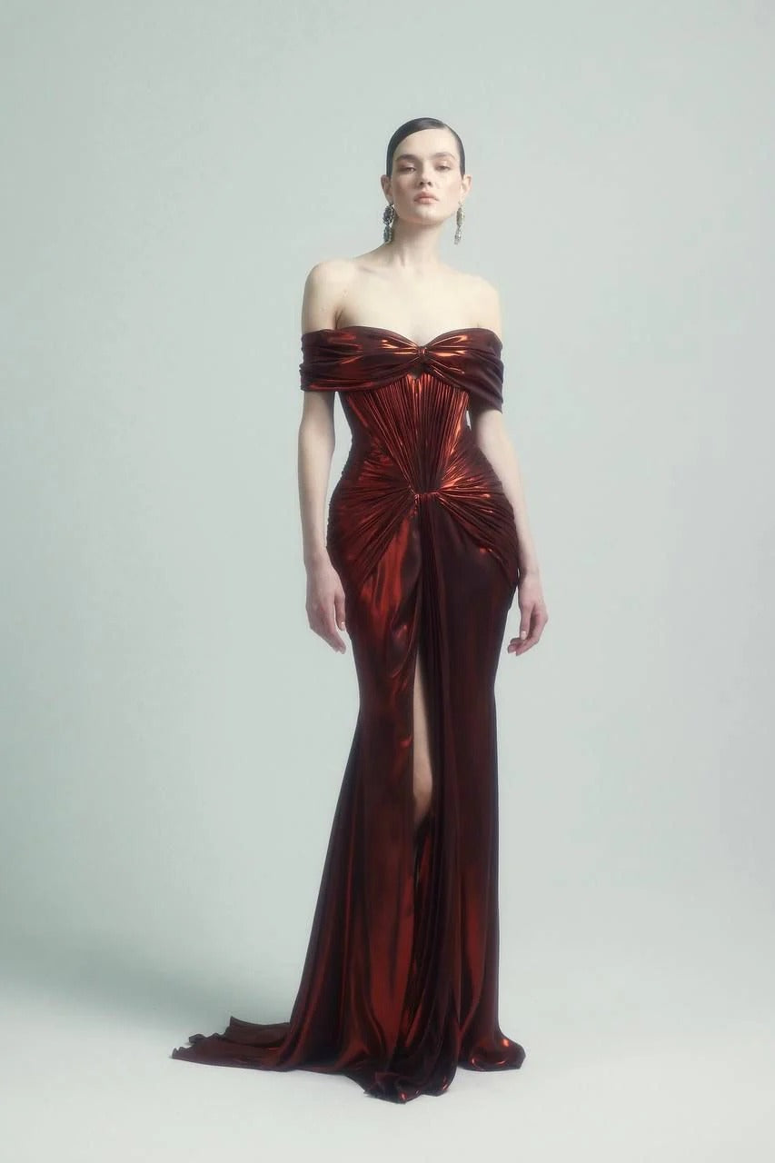 Metallic Burgundy Lamé Off-The-Shoulder Mermaid Gown