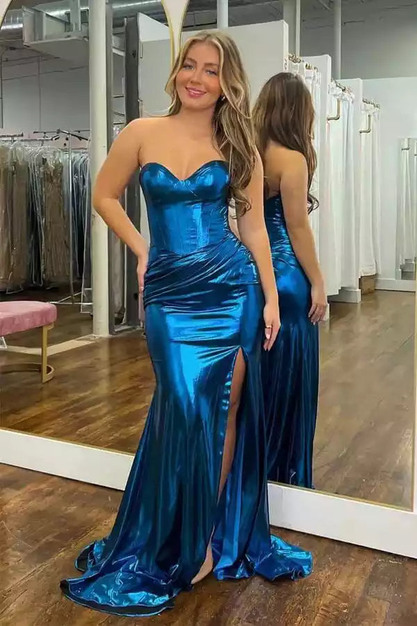 Metallic Teal Satin Strapless Mermaid Gown – Dazzling & Bold Evening Party Dress