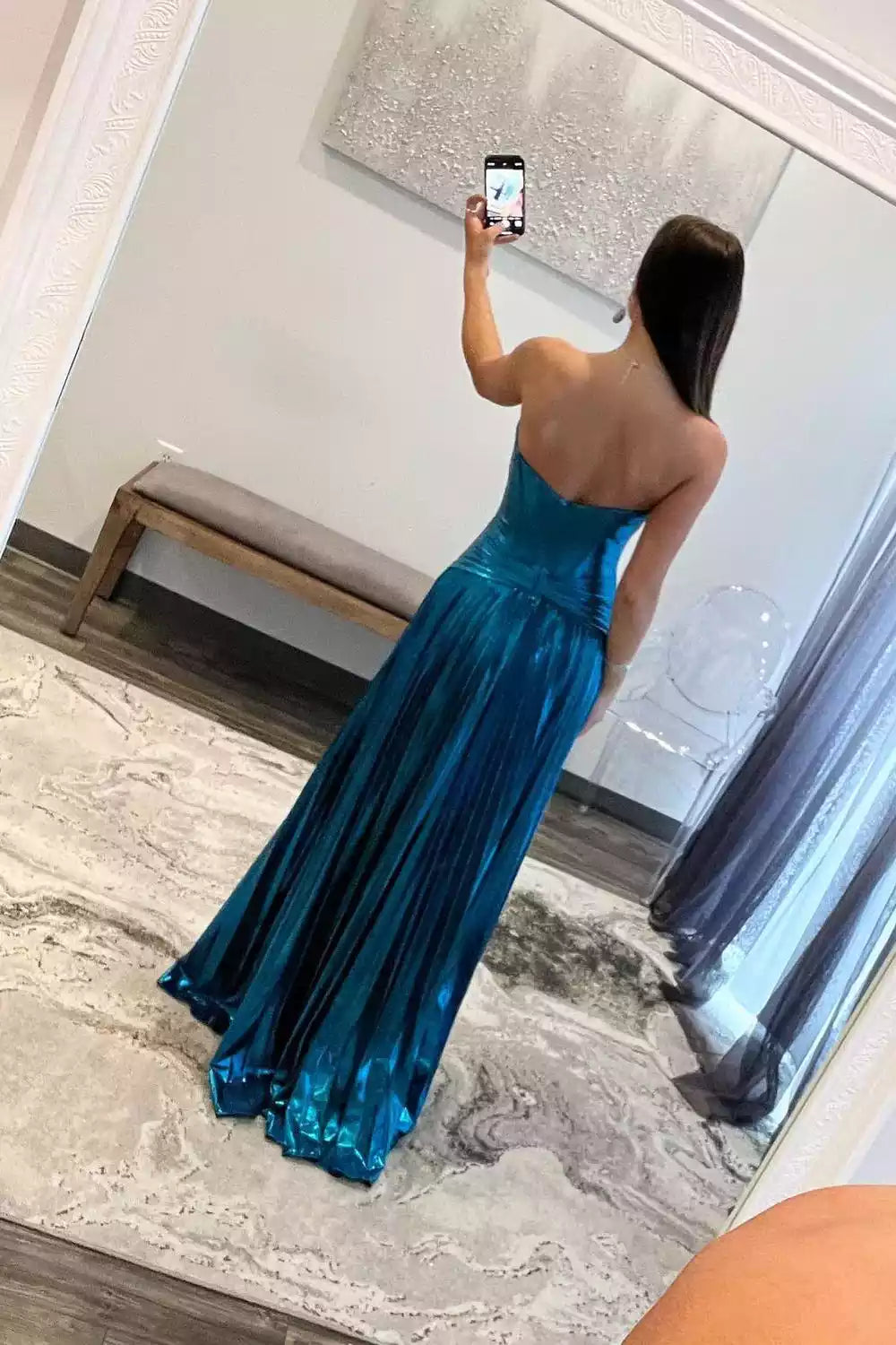 Metallic Teal Strapless Cutout Ball Gown – Dazzling & Modern Evening Party Dress