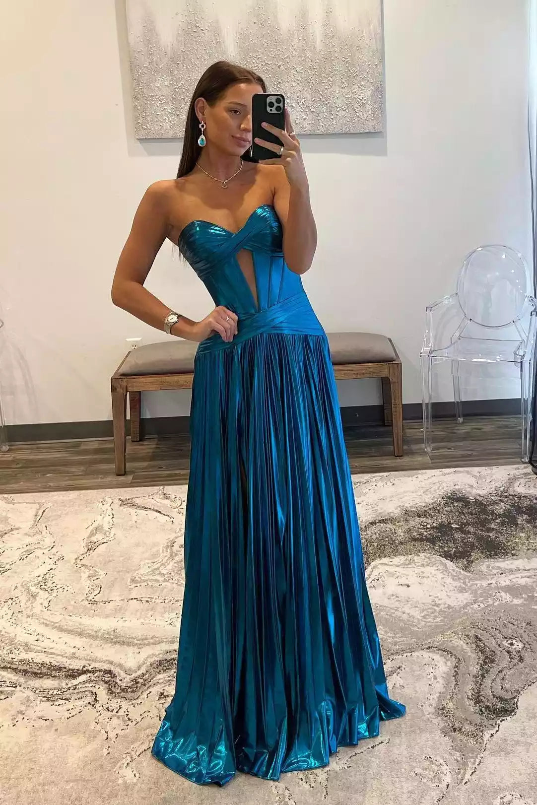 Metallic Teal Strapless Cutout Ball Gown – Dazzling & Modern Evening Party Dress