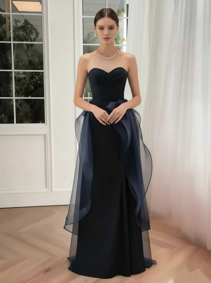 Midnight Blue Strapless Evening Dress with Sweetheart Neckline, Ruched Bodice & Organza Ruffle Overlay