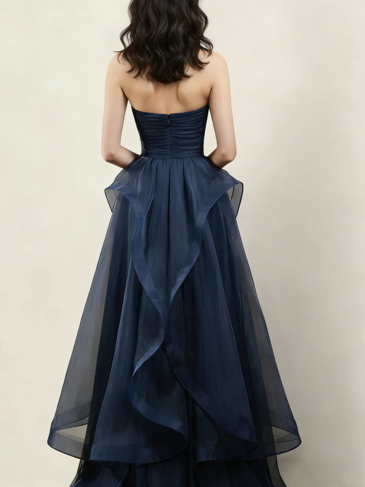 Midnight Blue Strapless Evening Dress with Sweetheart Neckline, Ruched Bodice & Organza Ruffle Overlay