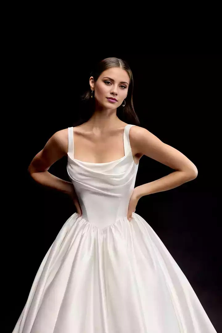 Mikado Ball Gown With Square Neckline and Corset Tie Back Wedding Dress