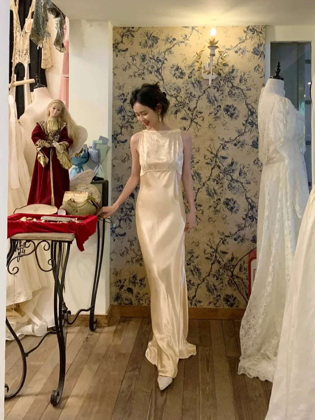 Minimalist Champagne Satin Boat Neckline Open Back Tie Gown
