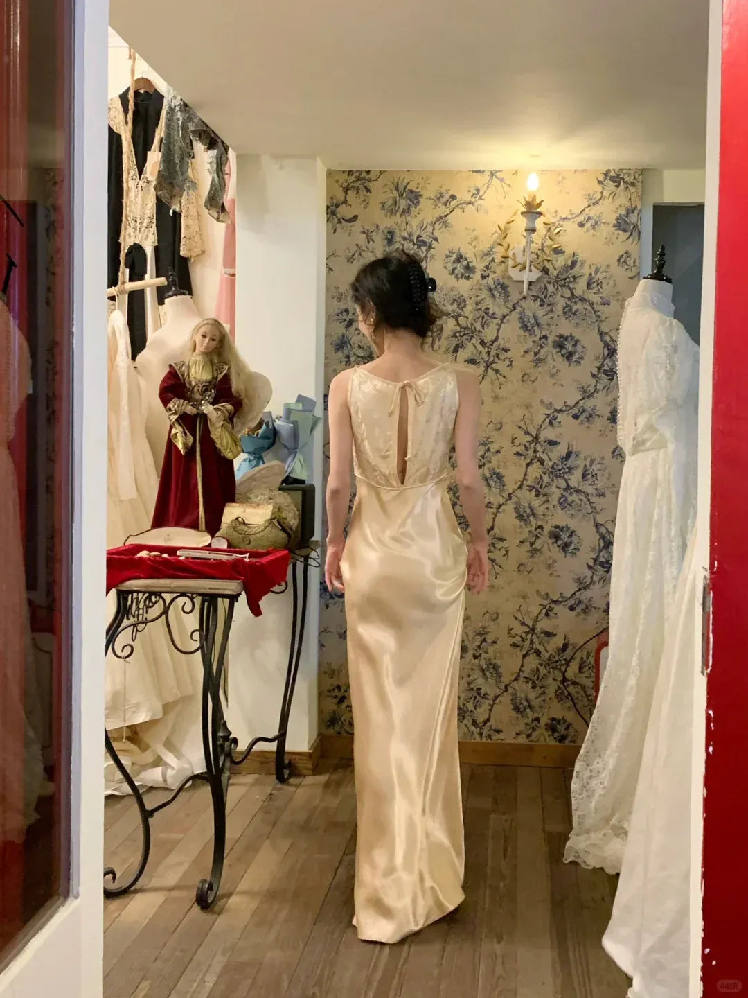 Minimalist Champagne Satin Boat Neckline Open Back Tie Gown