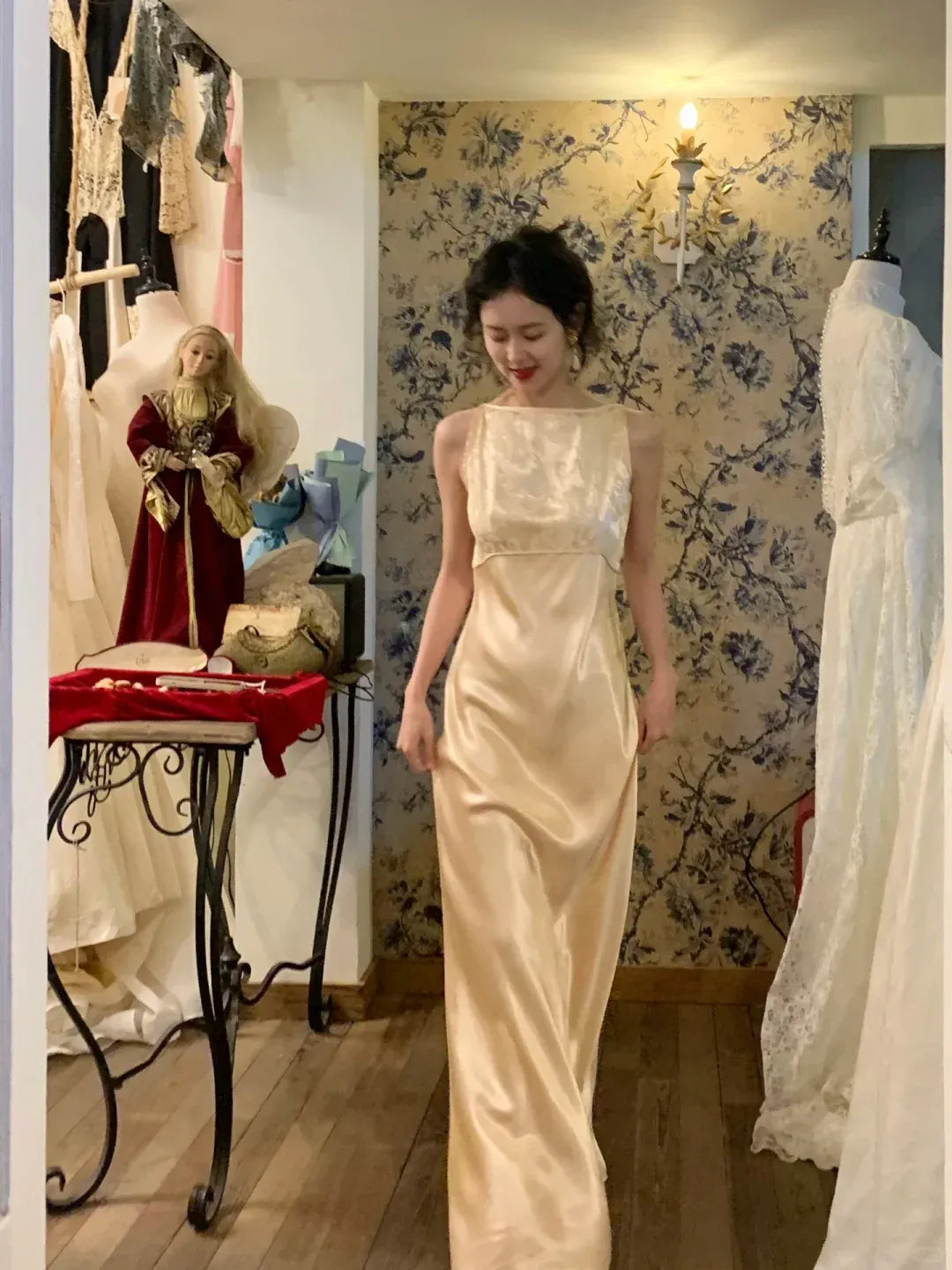 Minimalist Champagne Satin Boat Neckline Open Back Tie Gown