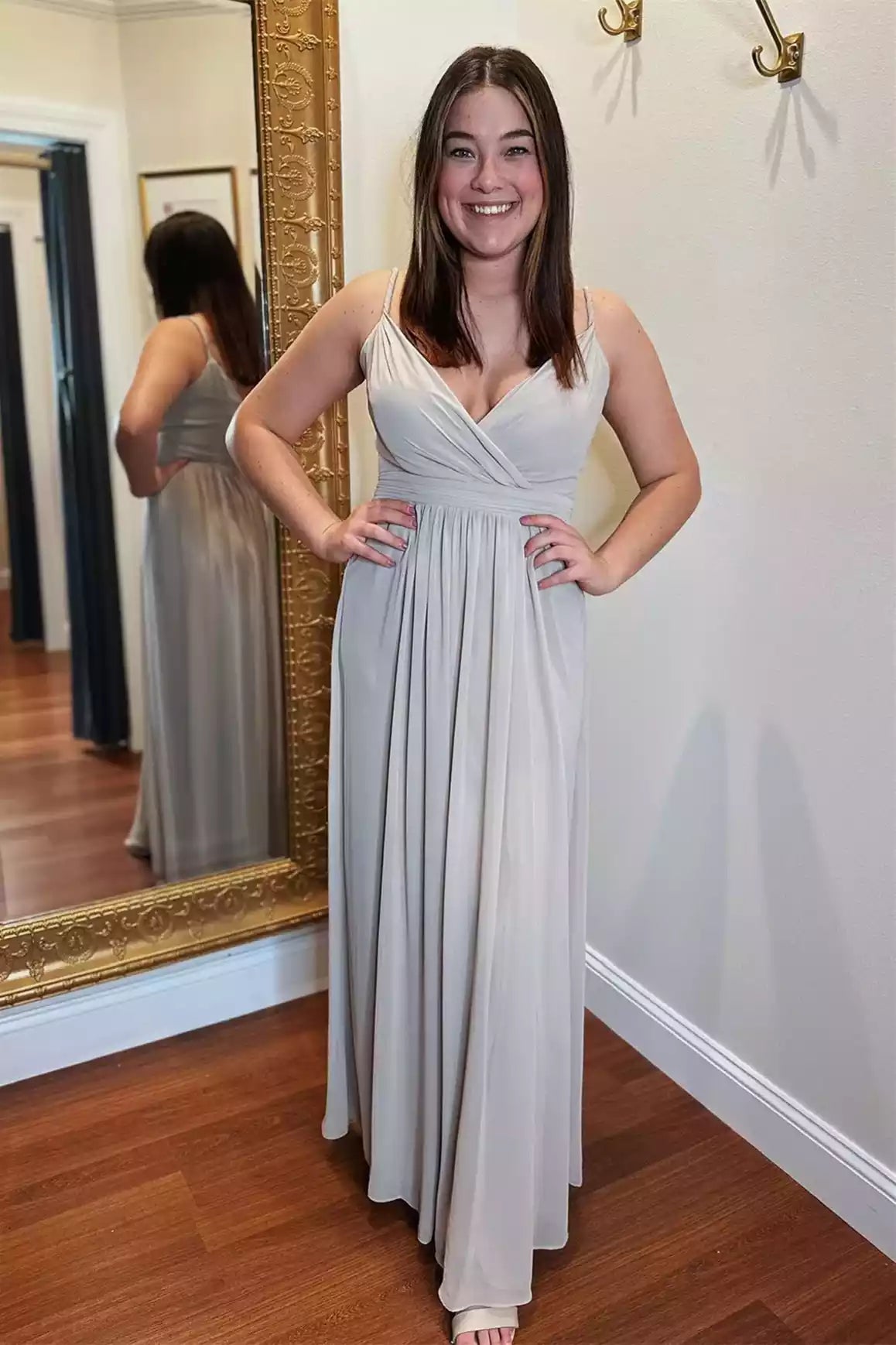 Minimalist Dusty Sage Chiffon Gown with Wrap V-Neck & Pleated Skirt