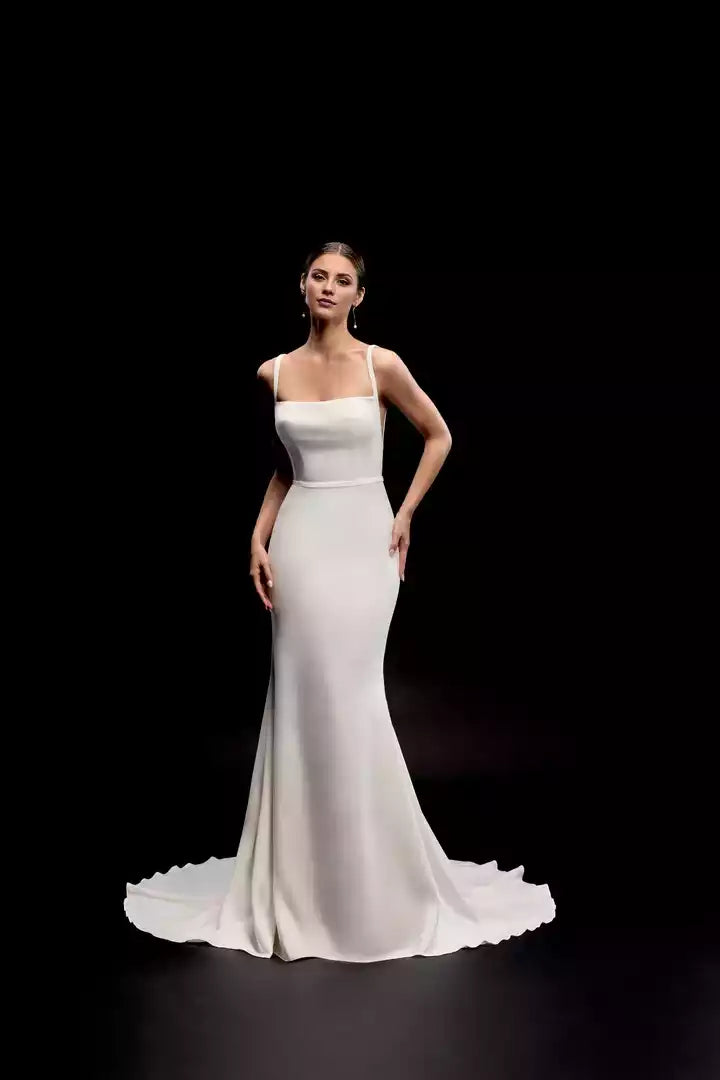 Minimalist Fit and Flare Wedding Gown with Square Neckline Wedding Dress