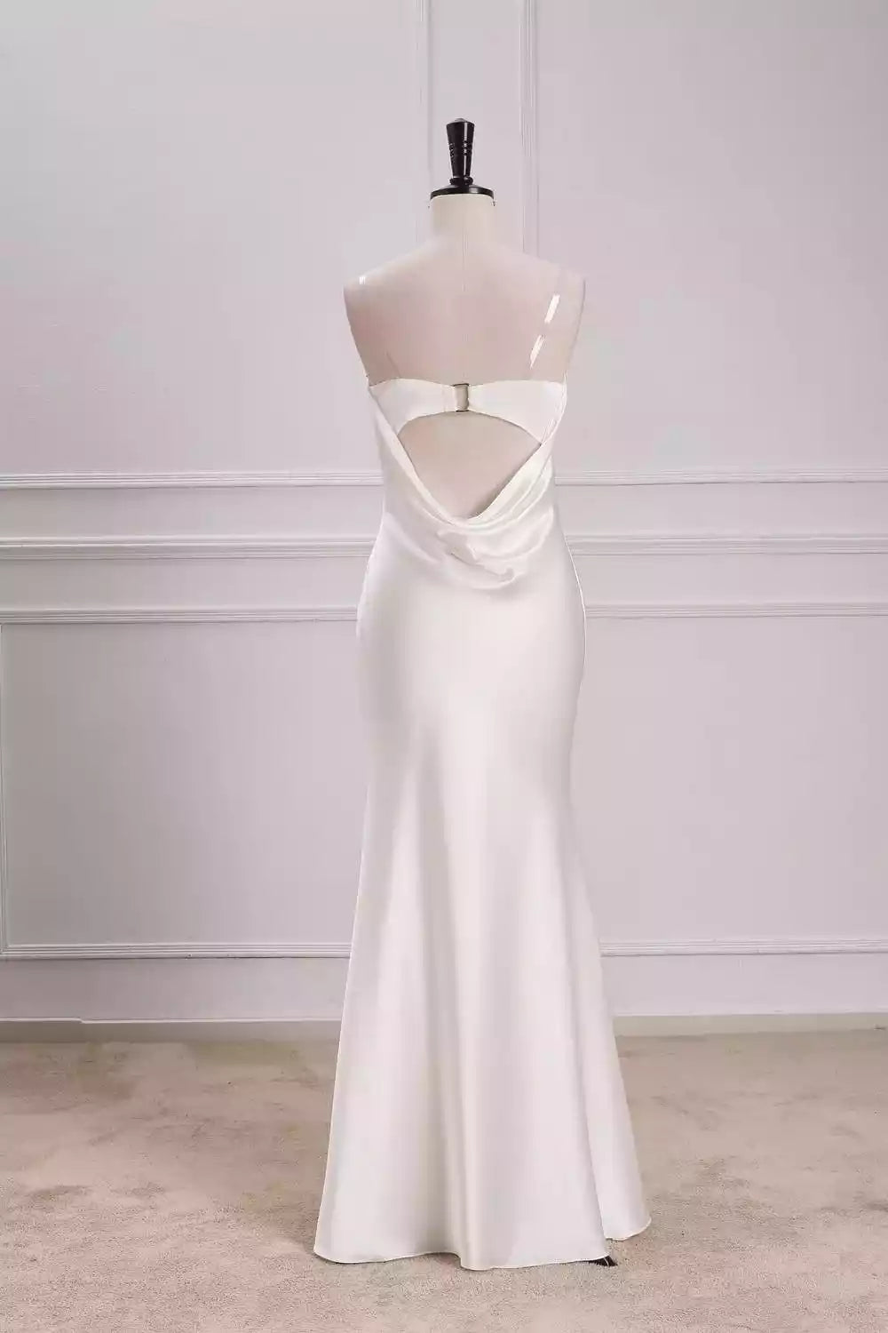 Minimalist Ivory Satin Gown with Strapless Neckline & Cowl Cutout Back