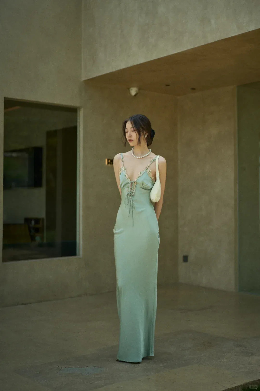 Minimalist Lace Trim Front Tie Sage Green Satin Slip Dress