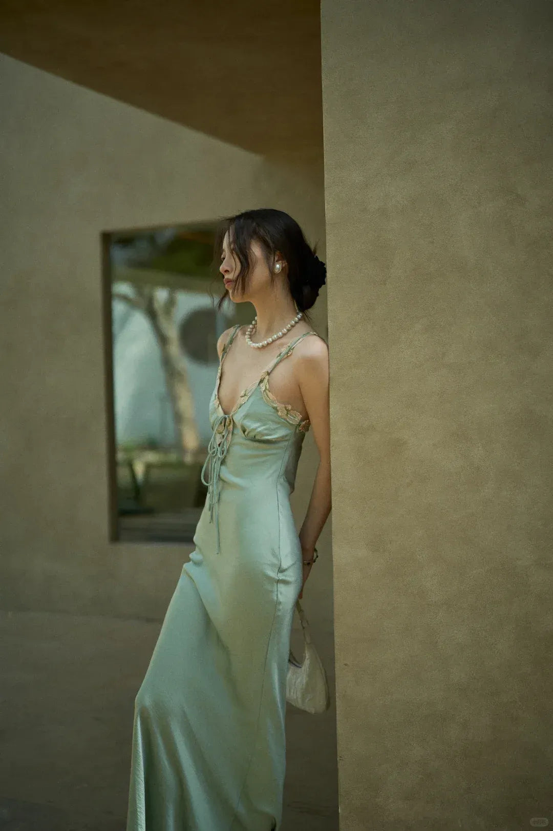 Minimalist Lace Trim Front Tie Sage Green Satin Slip Dress