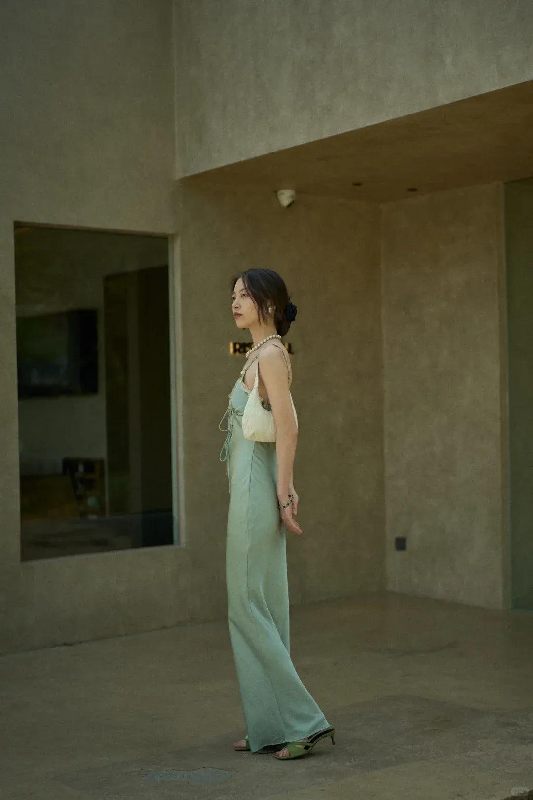 Minimalist Lace Trim Front Tie Sage Green Satin Slip Dress
