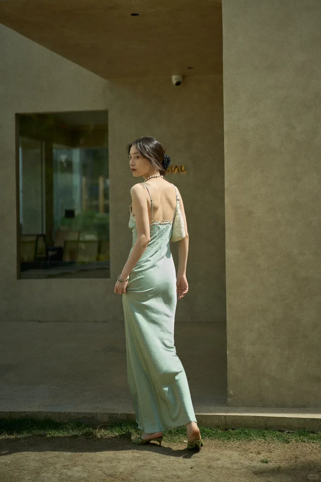 Minimalist Lace Trim Front Tie Sage Green Satin Slip Dress