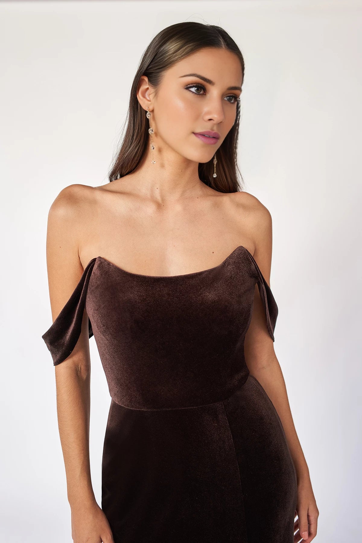 Minimalist Off the Shoulder Sleeveless Back Zip Floor-Length Side Slit Bridesmaid Dress