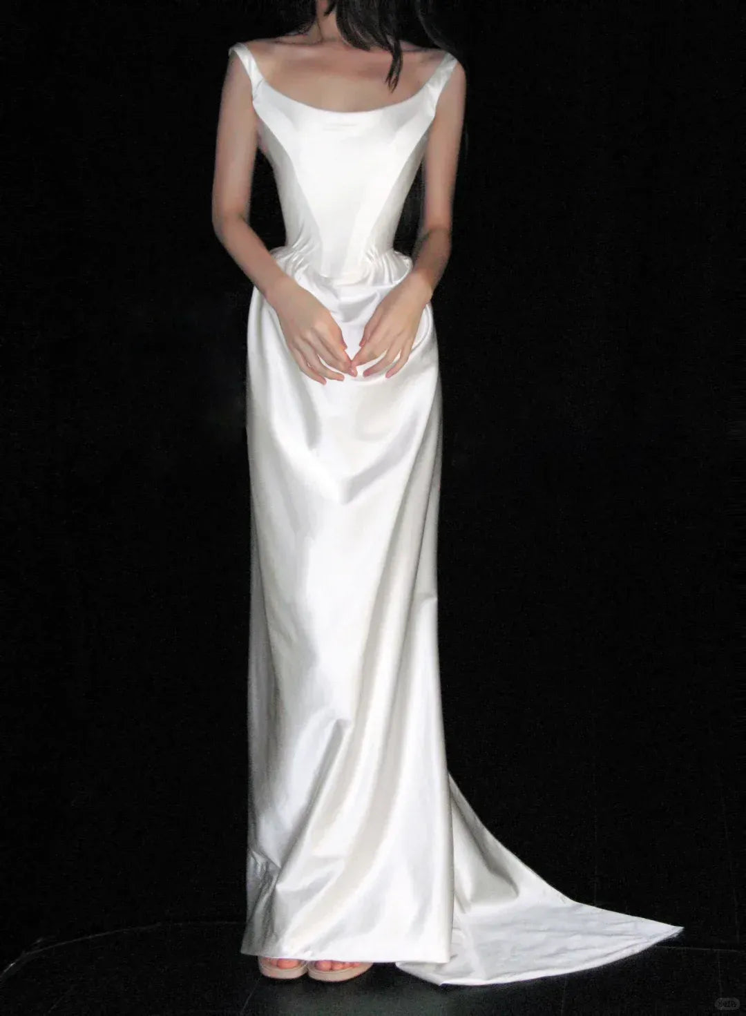 Minimalist Scoop Neck Ivory Satin Fit-And-Flare Gown