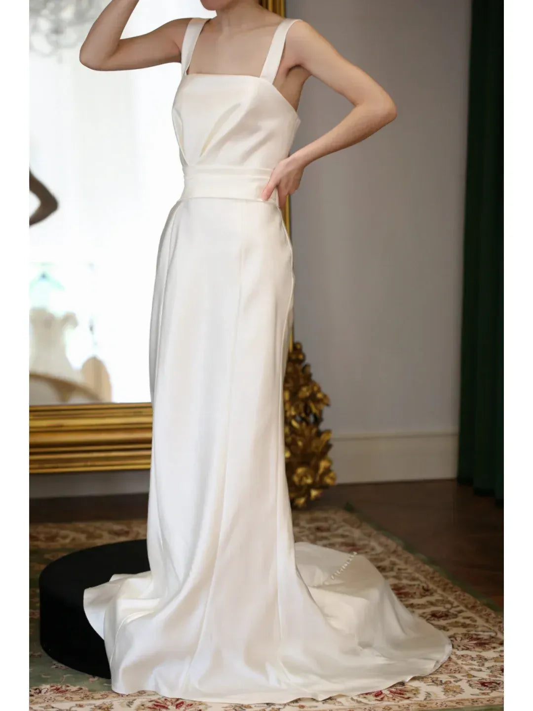 Minimalist Sheath Square-Neck Wide-Strap Ruched Bow-Back Floor-Length Prom Dresses