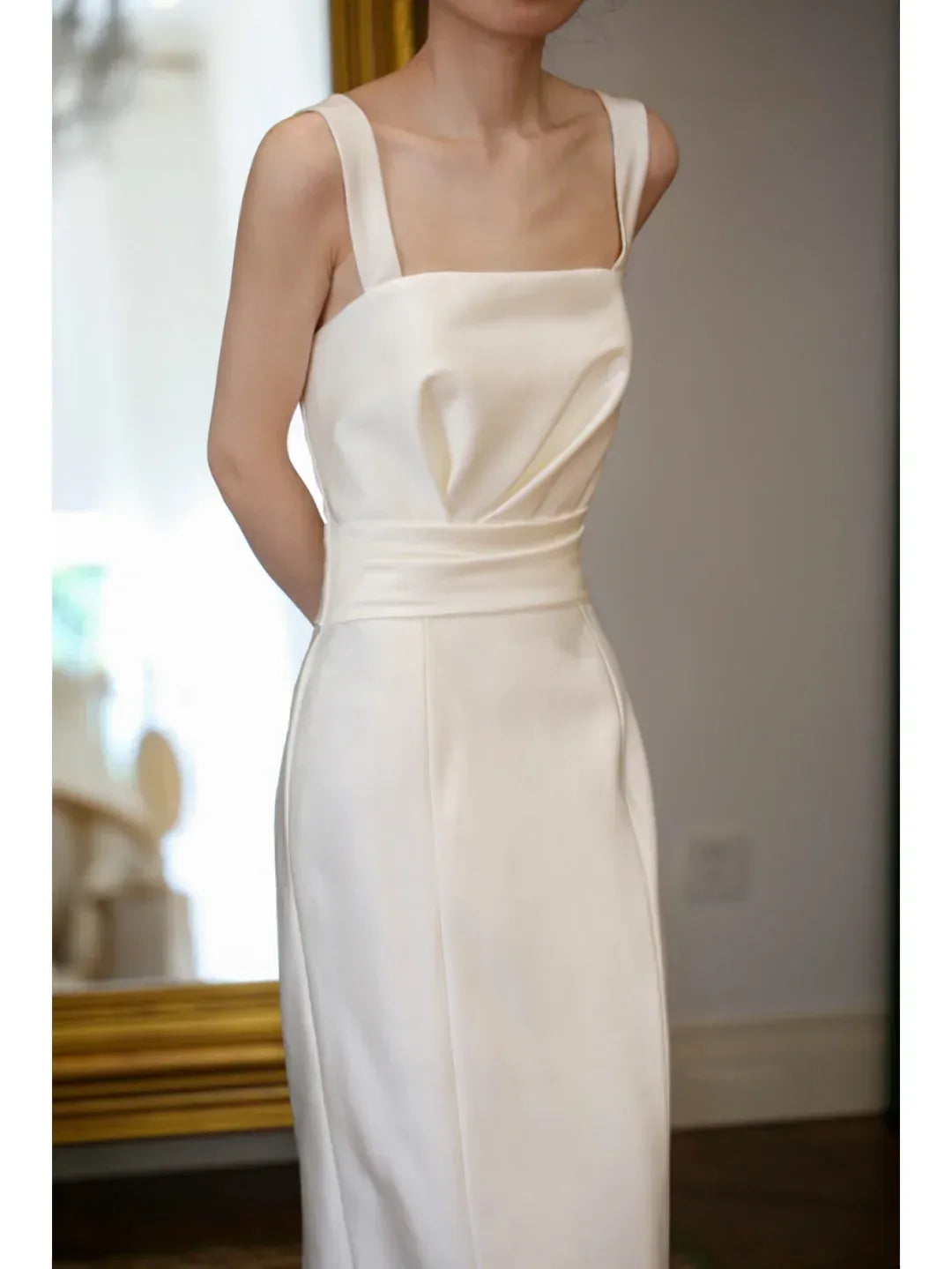 Minimalist Sheath Square-Neck Wide-Strap Ruched Bow-Back Floor-Length Prom Dresses