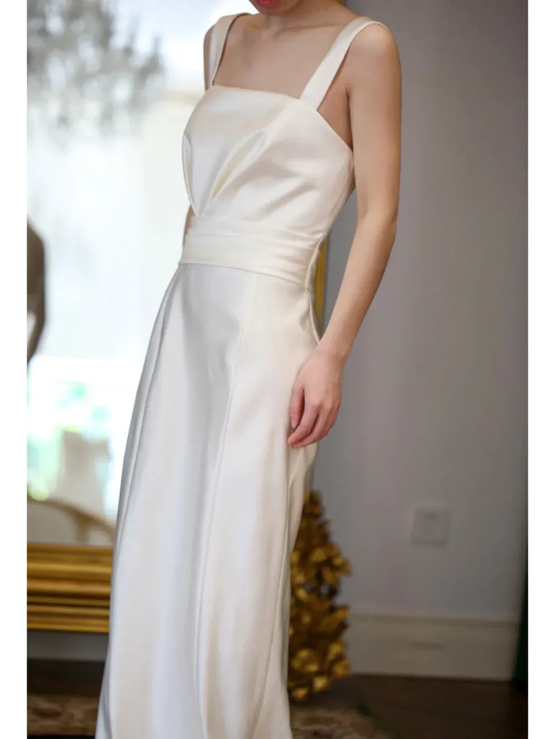 Minimalist Sheath Square-Neck Wide-Strap Ruched Bow-Back Floor-Length Prom Dresses