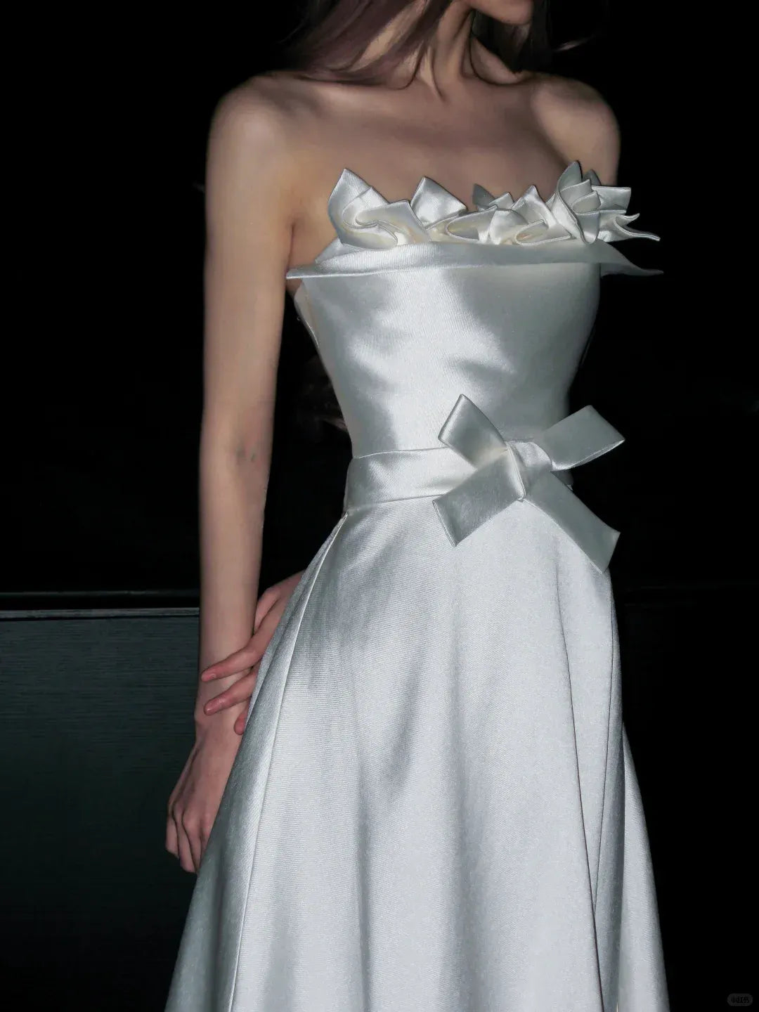 Minimalist Strapless Bow Waist Ivory Satin Wedding Gown
