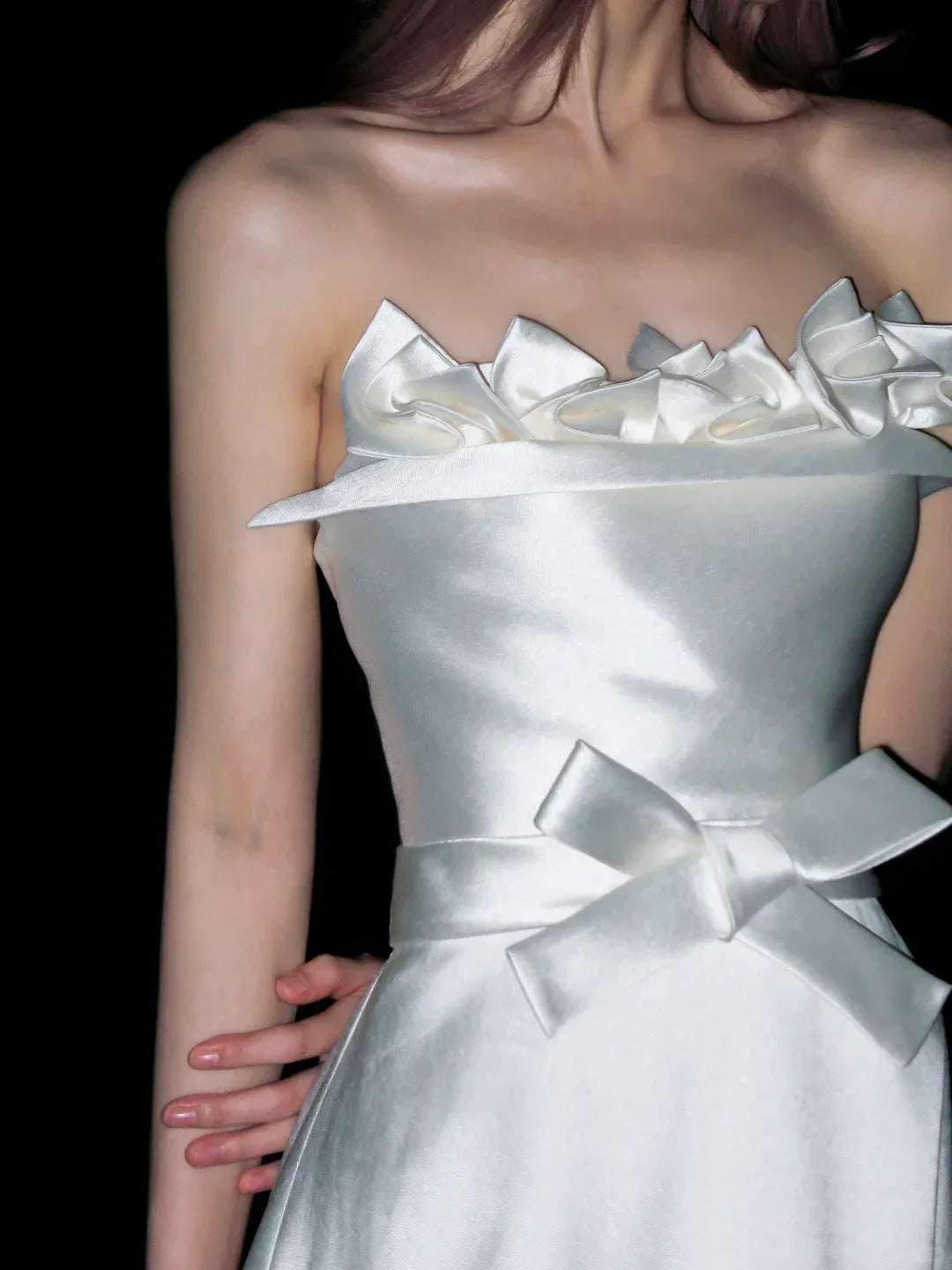 Minimalist Strapless Bow Waist Ivory Satin Wedding Gown