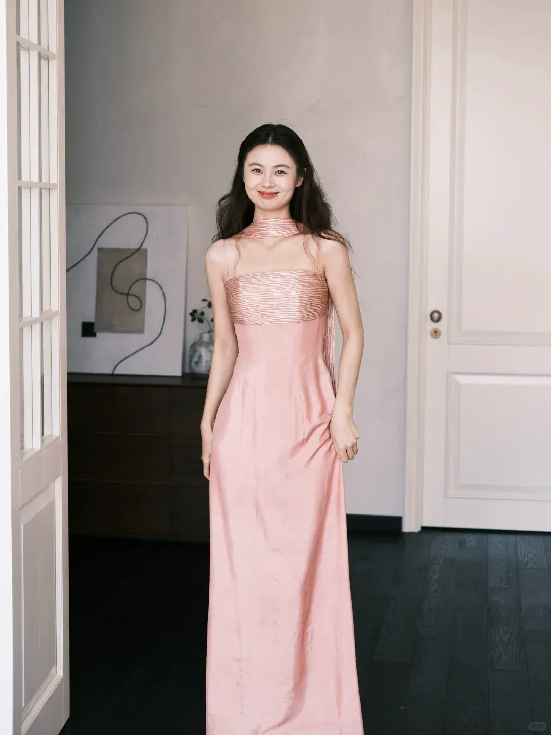 Minimalist Strapless Detachable Scarf Blush Satin Sheath Gown