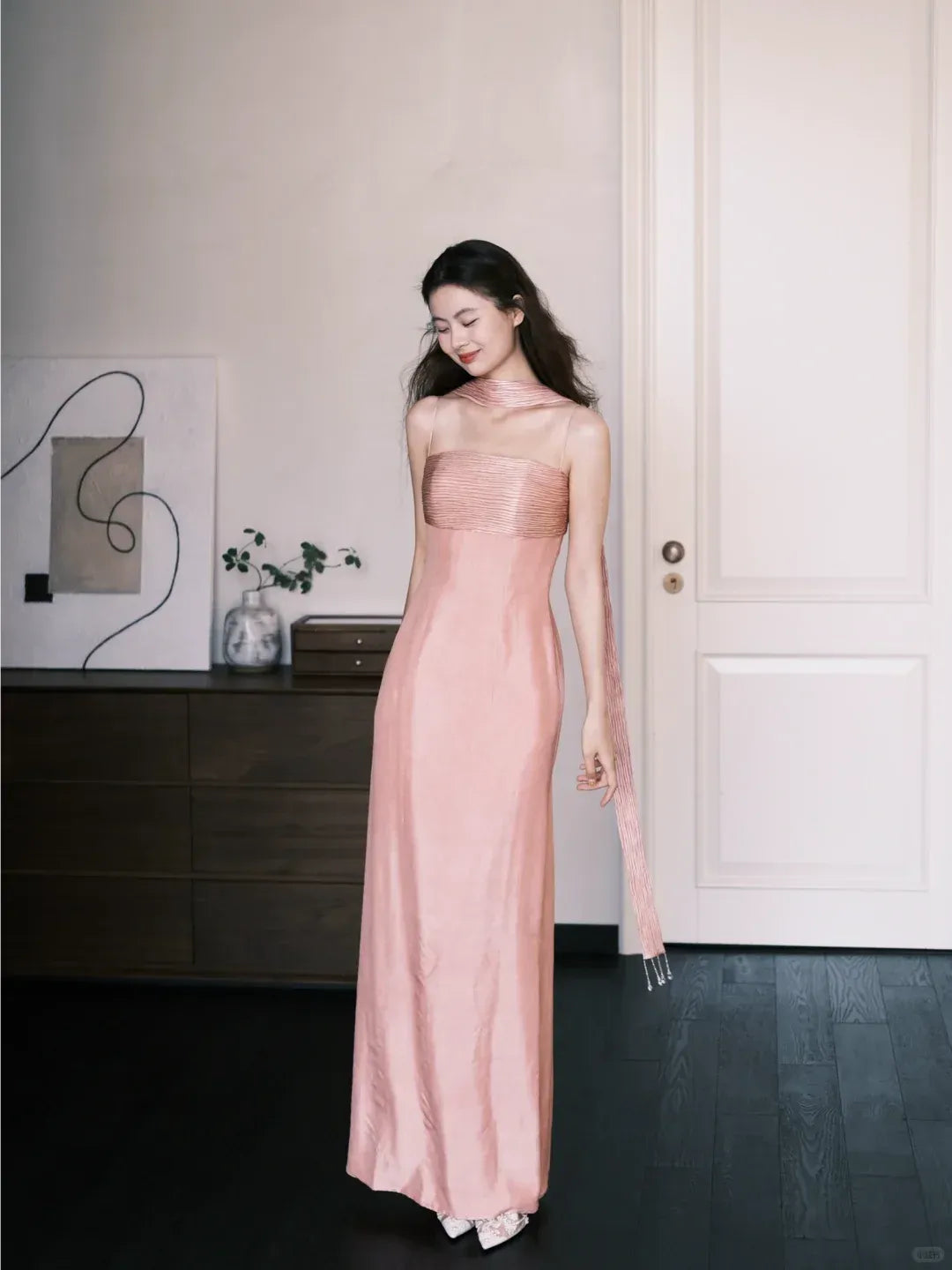 Minimalist Strapless Detachable Scarf Blush Satin Sheath Gown