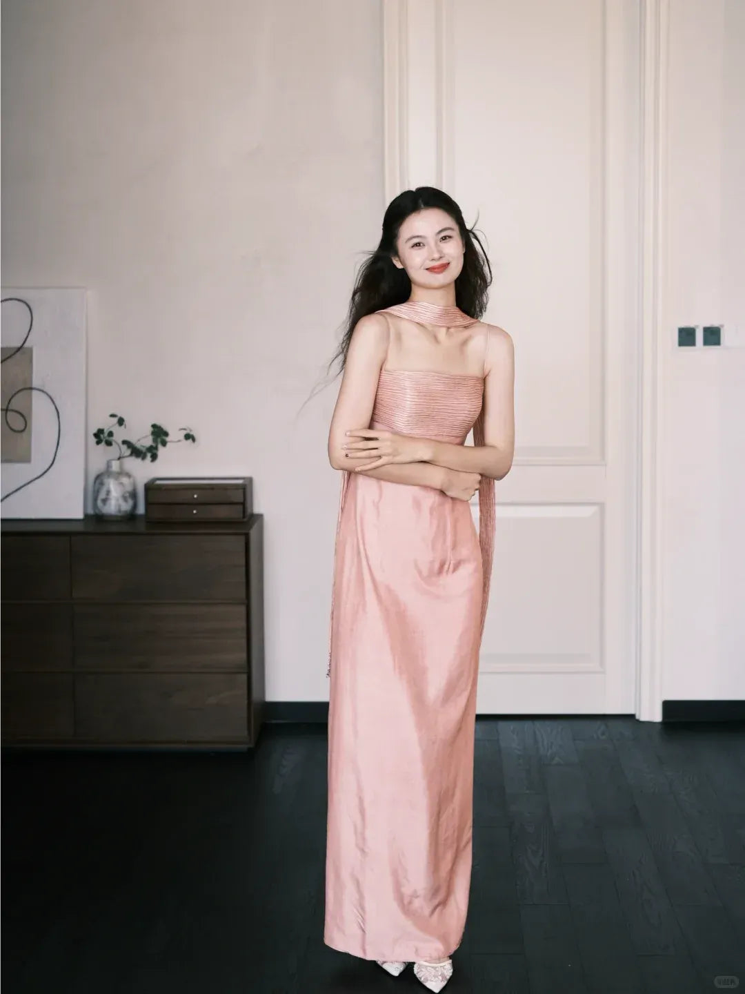 Minimalist Strapless Detachable Scarf Blush Satin Sheath Gown