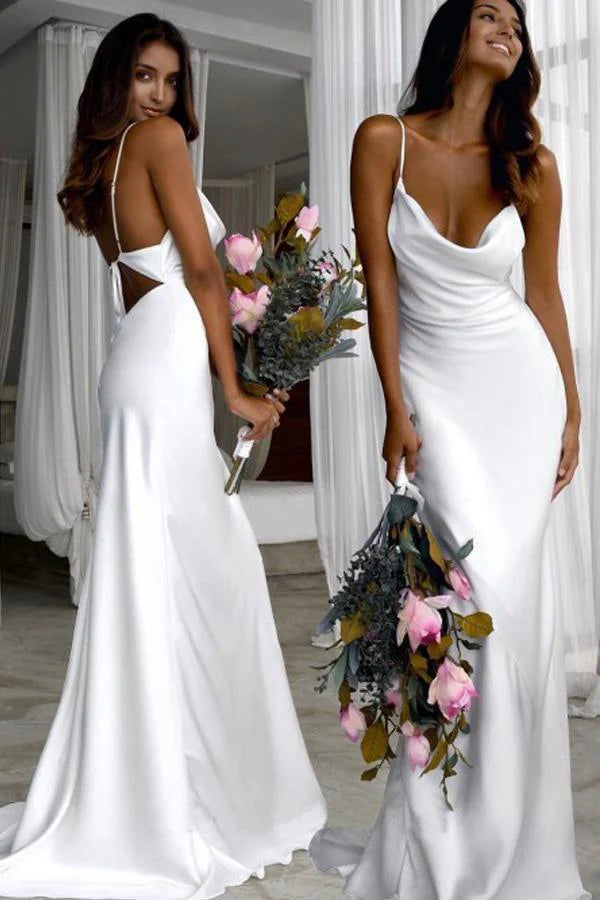 Minimalist Wedding Dress with Cowl Neckline and Satin Mermaid Silhouette