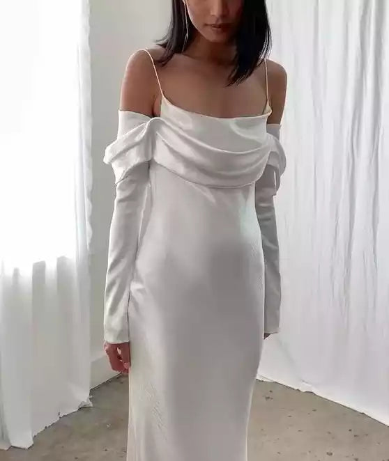 Minimalist White Satin Cold-Shoulder Gown with Open Back